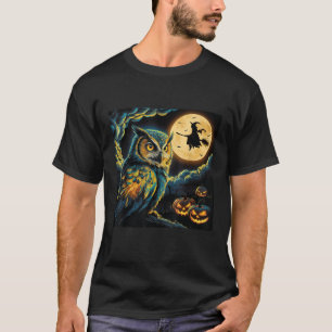 Camiseta Bruxa Noite Estrelada Coruja Colorida Halloween Va