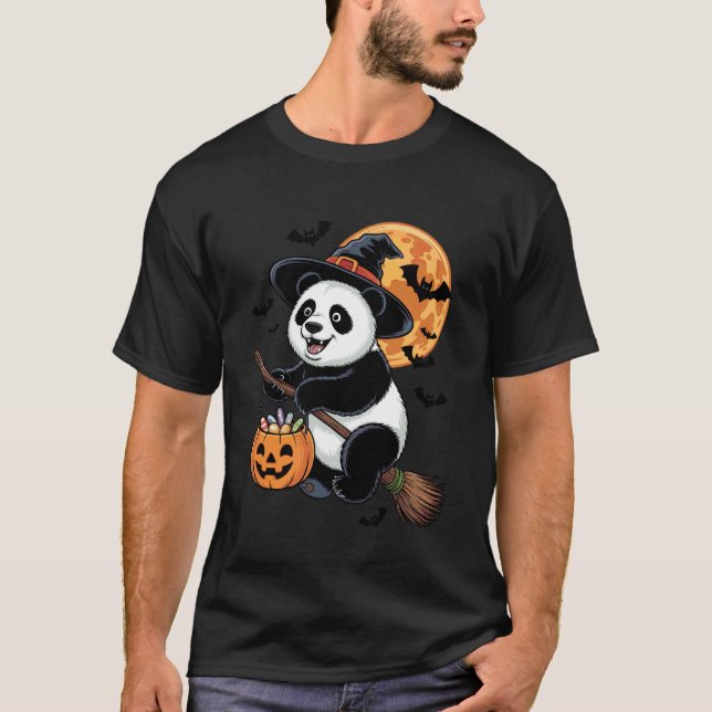 Camiseta Bruxa Panda Fofa com Abóbora Jack-O-Lantern Dia da (Frente)