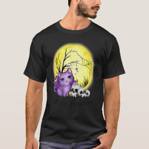 Camiseta Bruxa Por Favor Gato Fofo Com Teia de Aranha E Cav