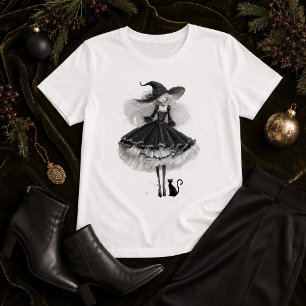Camiseta Bruxa Preta Elegante – Arte em Aquarela Gótica