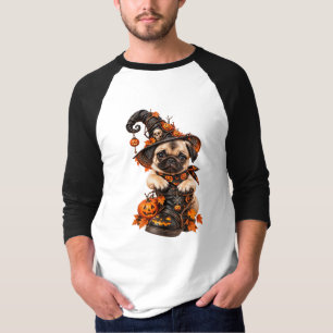 Camiseta Bruxa Pug Fofa Raglan de Halloween