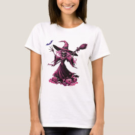 Camiseta Bruxa Rosa com Chapéu Alto e Mão - Halloween Desi