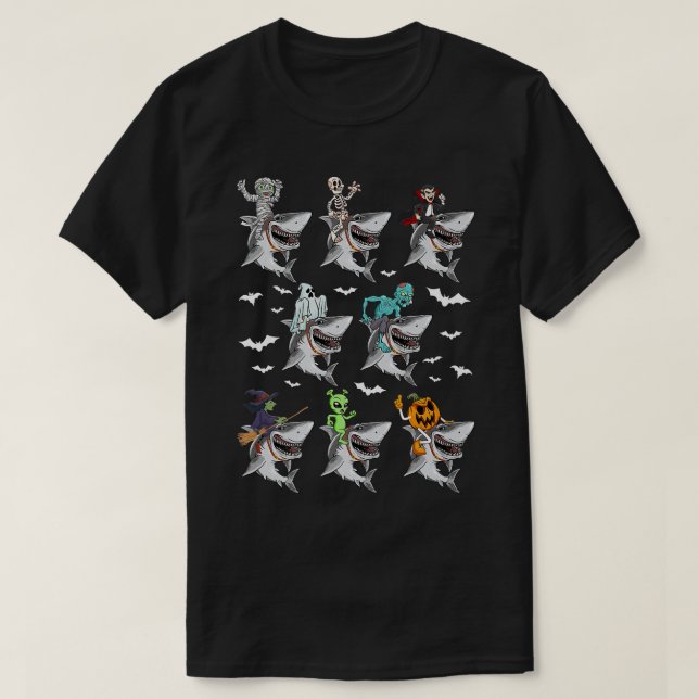 Camiseta Bruxa Skeleton Zombie Mummy Vampire Riding Shark H (Frente do Design)
