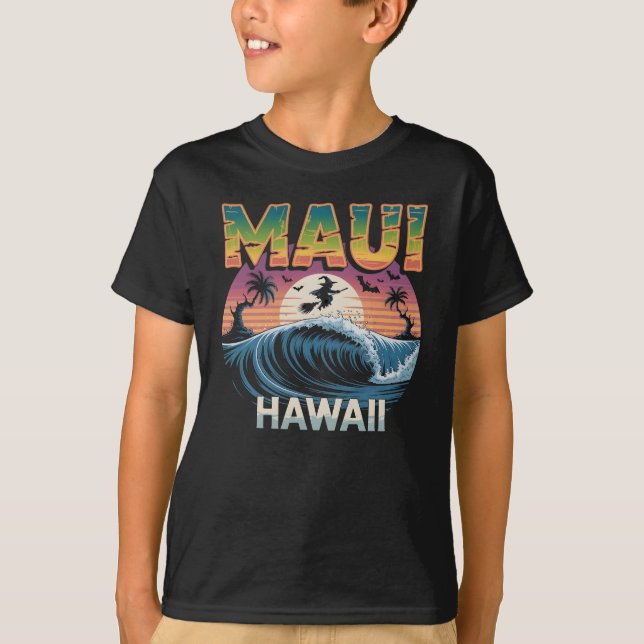 Camiseta Bruxa Surfando no Broom Maui Hawaii Halloween (Frente)