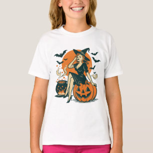 Camiseta Bruxa Vintage de Halloween em Pumpkin Bats Cauldro