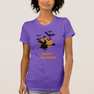 Camiseta Bruxa Voadora de Halloween Vintage com Morcegos