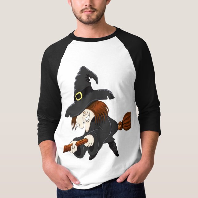 Camiseta Bruxa Voadora Divertida Isolada em Branco (Frente)