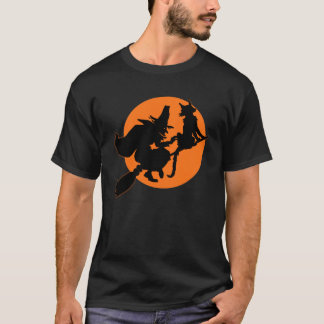 Camiseta Bruxa Voadora do Dia das Bruxas e Gato Negro
