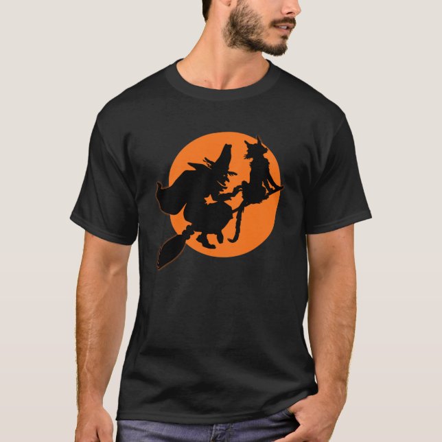 Camiseta Bruxa Voadora do Dia das Bruxas e Gato Negro (Frente)