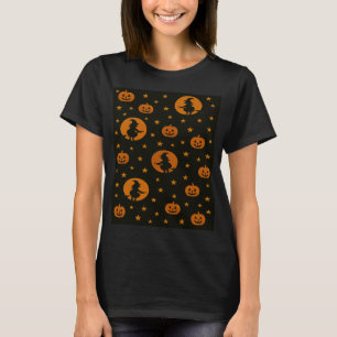 Camiseta Bruxa Voadora Laranja de Halloween e Abóboras
