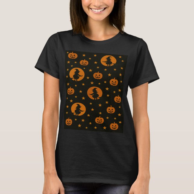 Camiseta Bruxa Voadora Laranja de Halloween e Abóboras (Frente)
