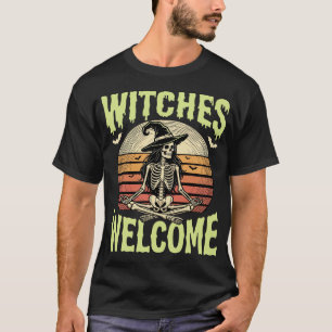 Camiseta Bruxas Bem-Vindas Yoga de Bruxa Esqueleto Hallowee