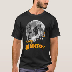 Camiseta Bruxas Voando Através De Uma Lua Cheia Feliz Hallo