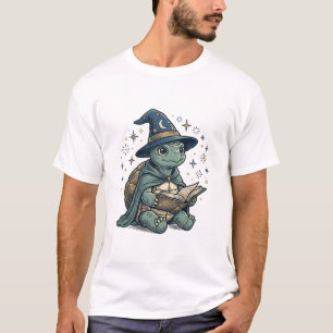 Camiseta Bruxo de Tartaruga Fofa Lendo Livro de Feitiços De