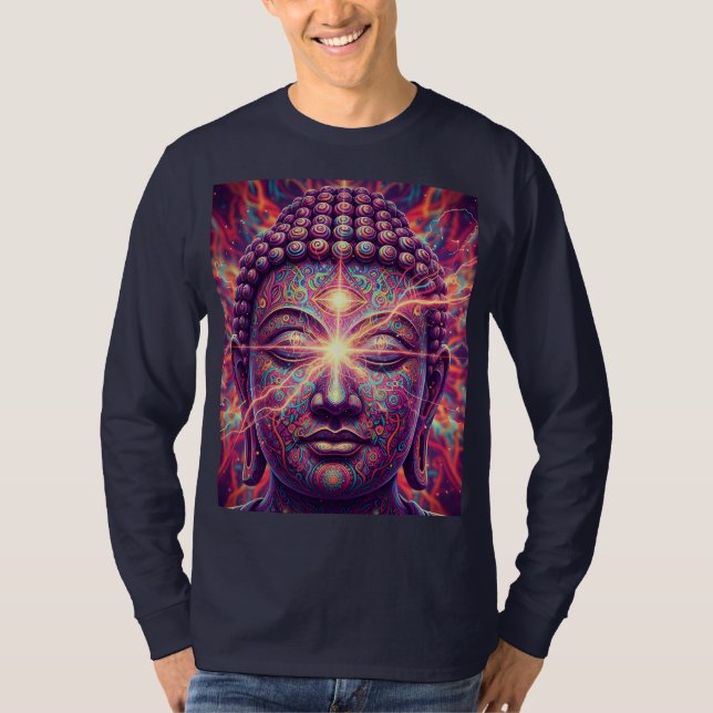 Camiseta Buda Chakra Elétrico - Iluminação Psicodélica (Frente)