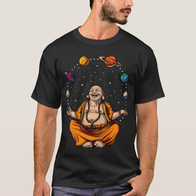 Camiseta Buda Faz Malabarismo com Planetas Espaciais (Frente)