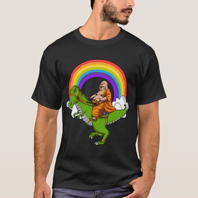 Camiseta Buda montando dinossauro T-Rex (Frente)