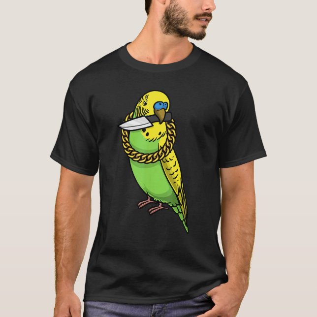 Camiseta Budget Parrot Budgerigar Bird Com Faca (Frente)