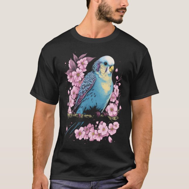 Camiseta Budgie Budgerigar Bird Japanese Cherry Sakura Flow (Frente)