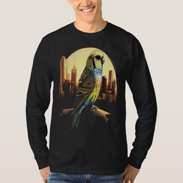 Camiseta Budgie Budgerigar Parakeet City Skyline Parrot Bir (Frente)
