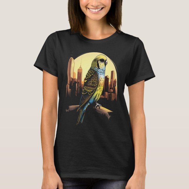 Camiseta Budgie Budgerigar Parakeet City Skyline Parrot Bir (Frente)