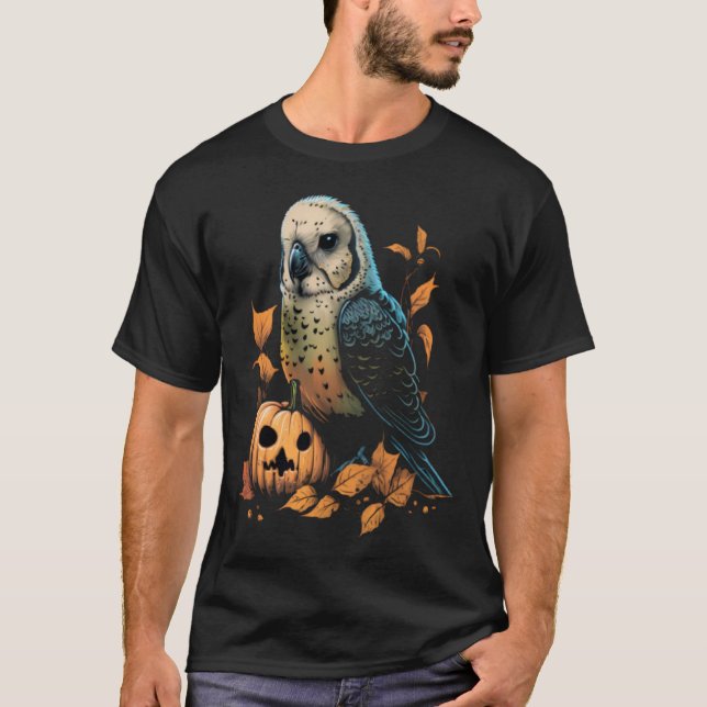 Camiseta Budgie Halloween Pumpkin Budgerigar Parakeet Bird (Frente)