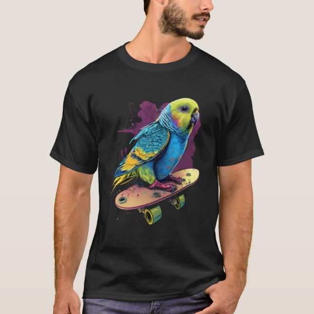 Camiseta Budgie Skateboard Budgerigar Parakeet Bird (Frente)