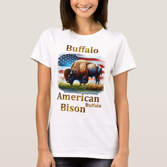 Camiseta Buffalo em campo de grama com bandeira americana (Frente)