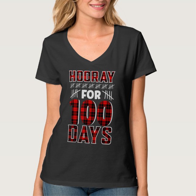 Camiseta Buffalo Plaid Happy 100th Day of School Hooray for (Frente)