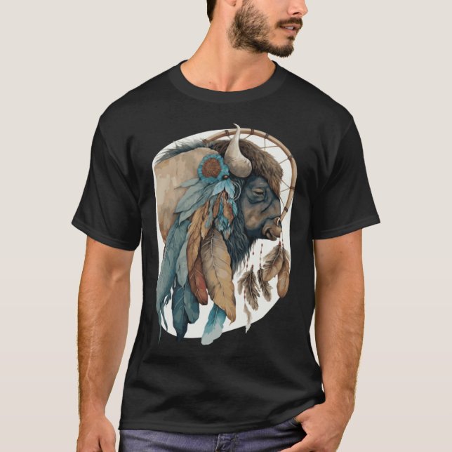 Camiseta Buffalo Tribal Watercolor Buffalo Dream Catcher (Frente)