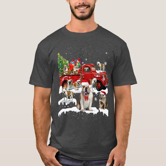 Camiseta Buldogue Andando Caminhão Vermelho Xmas Feliz Nata (Frente)