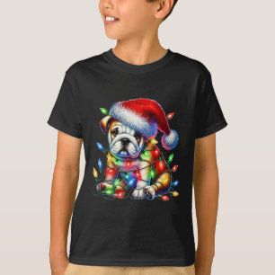 Camiseta Buldogue Christmas Lights Santa Hat Dog
