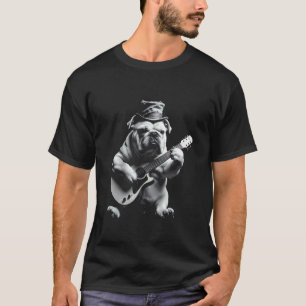 Camiseta Buldogue Estrela do Rock Engraçado Tocando Violão