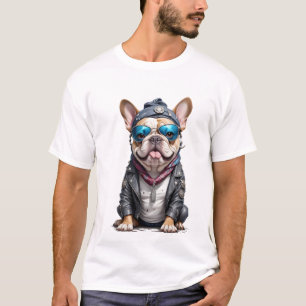 Camiseta Buldogue francês Biker Rebel na Jaqueta de couro L