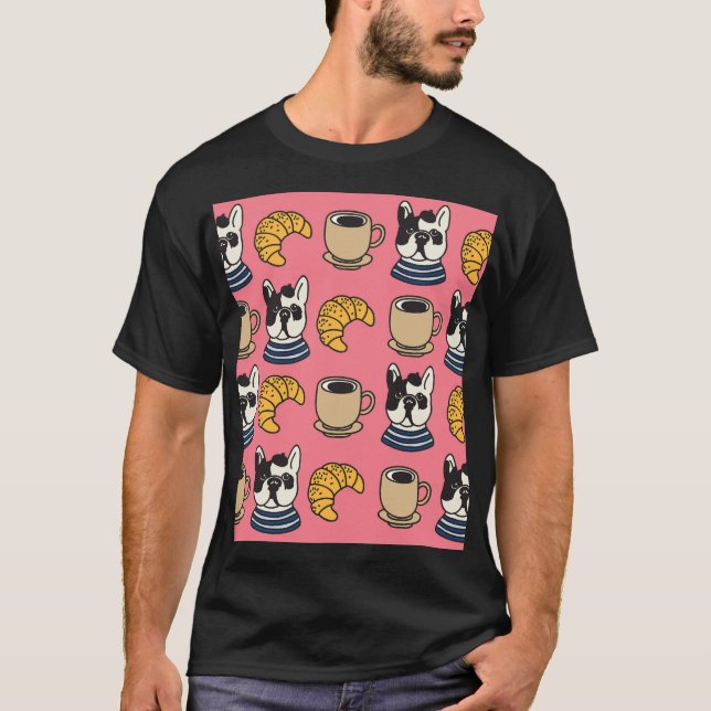 Camiseta Buldogue francês, café, tema croissant. (Frente)