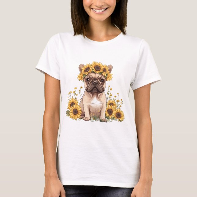 Camiseta Buldogue Francês Cercado Por Girassóis (Frente)