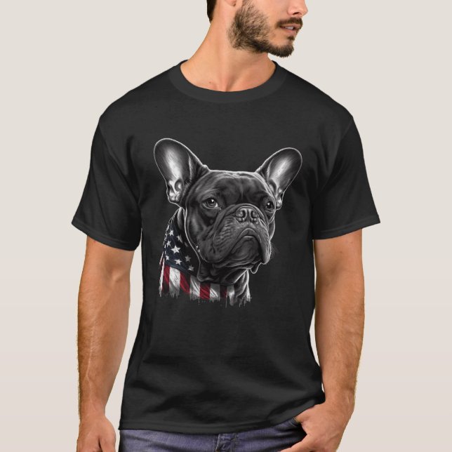 Camiseta Buldogue Francês Com Bandeira Americana No Patriót (Frente)