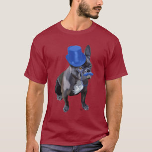 Camiseta Buldogue francês com chapéu azul e bigode