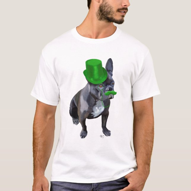 Camiseta Buldogue francês com chapéu verde e bigode (Frente)