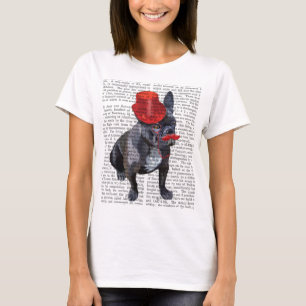 Camiseta Buldogue Francês com Chapéu Vermelho e bigode