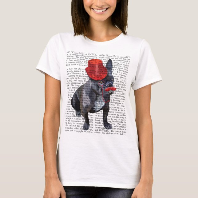 Camiseta Buldogue Francês com Chapéu Vermelho e bigode (Frente)