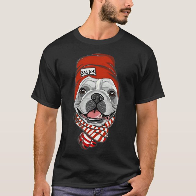Camiseta Buldogue Francês Com Cor Vermelha Do Chapéu Escarf (Frente)