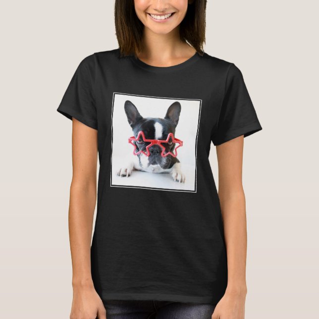 Camiseta Buldogue francês com vidros vermelhos da estrela (Frente)