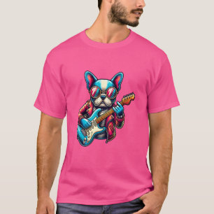 Camiseta Buldogue Francês Elétrico Guitarra Banda Engraçada
