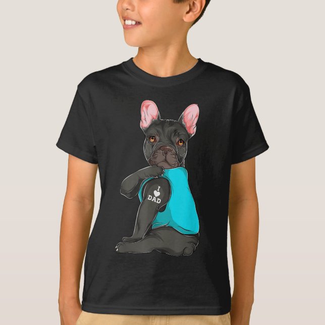 Camiseta Buldogue Francês Eu Adoro Roupa de Tatuagem de Pai (Frente)