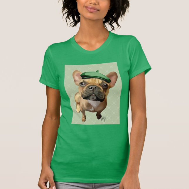 Camiseta Buldogue francês marrom com chapéu verde (Frente)