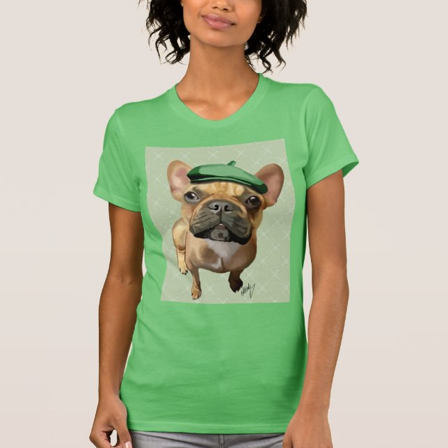 Camiseta Buldogue francês marrom com chapéu verde (Frente)