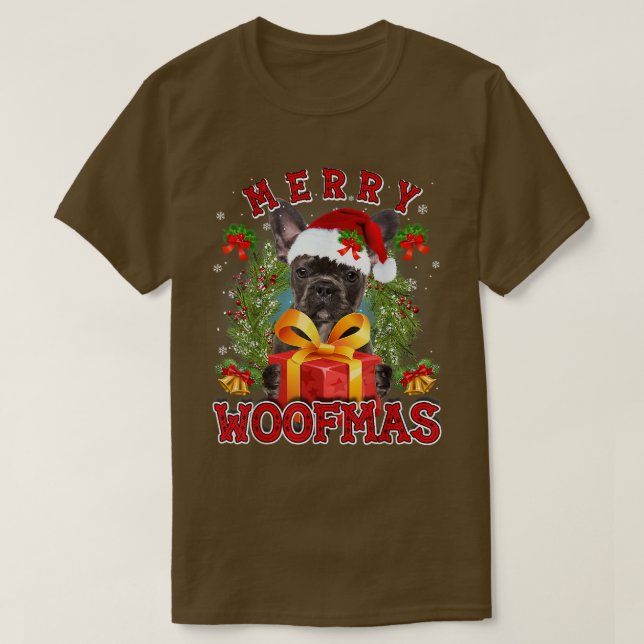 Camiseta Buldogue Francês Merry Xmas Woofmas Xmas Lights Sa (Frente do Design)