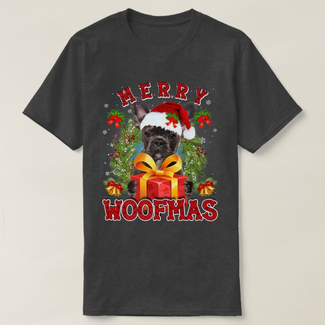 Camiseta Buldogue Francês Merry Xmas Woofmas Xmas Lights Sa (Frente do Design)
