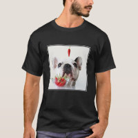 Buldogue francês que olha uma pimenta vermelha